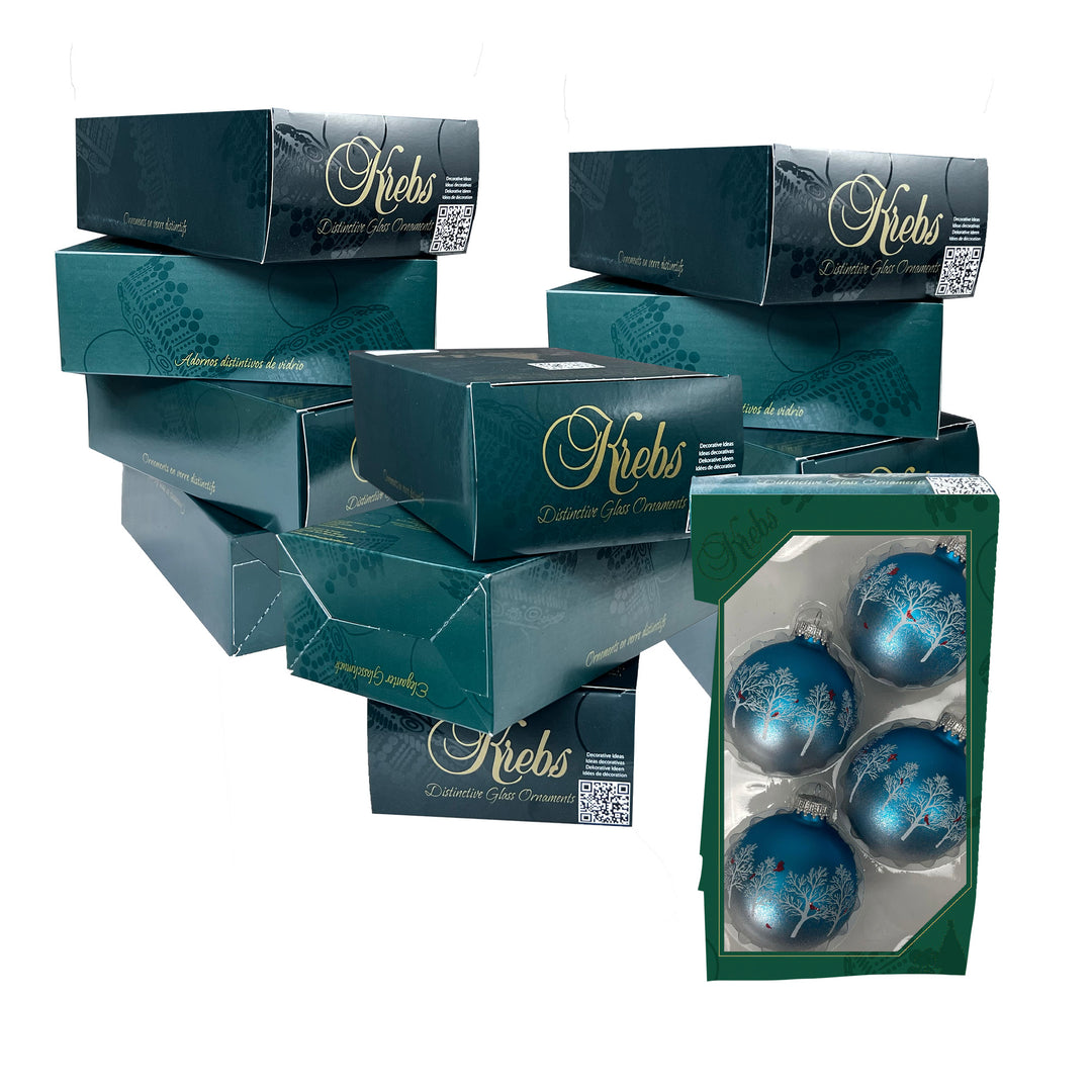 2 5/8" (67mm) Glass Ball Ornaments, Turquoise Bliss with Trees & Cardinals, 4/Box, 12/Case, 48 Pieces