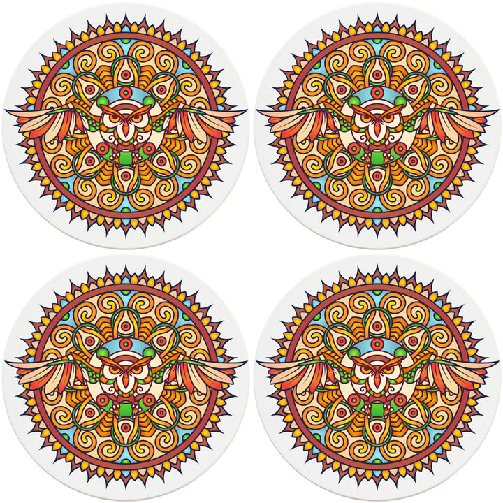 4" Round Ceramic Coasters - Mandala Owl, 4/Box, 2/Case, 8 Pieces