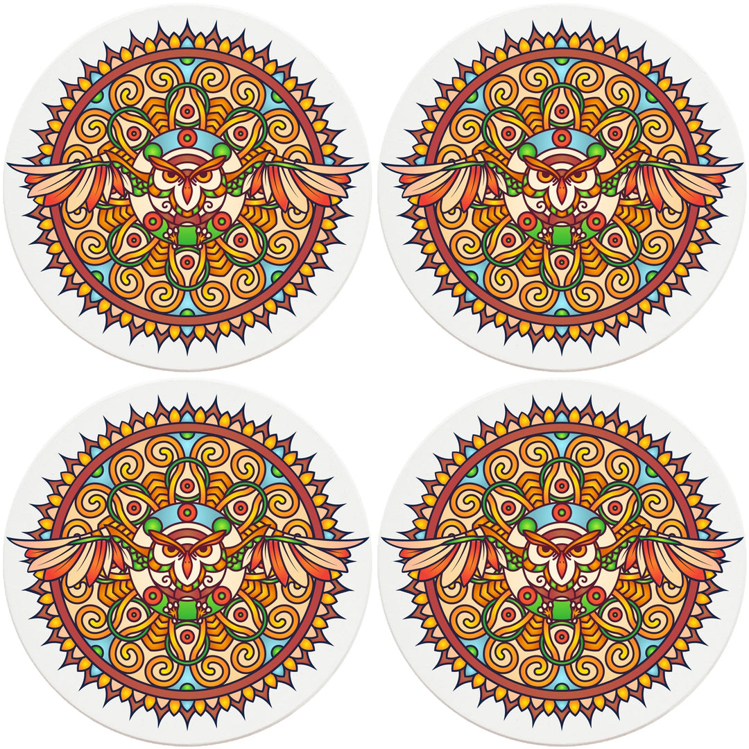4" Round Ceramic Coasters - Mandala Owl, 4/Box, 2/Case, 8 Pieces