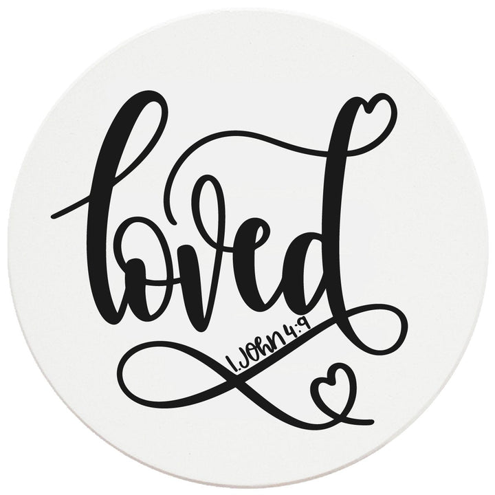 4" Round Ceramic Coasters - Loved, 4/Box, 2/Case, 8 Pieces