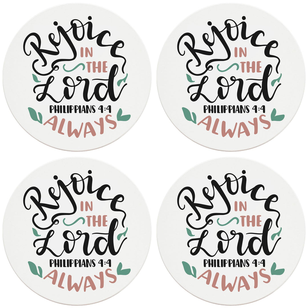 4" Round Ceramic Coasters - Rejoice In The Lord Always, 4/Box, 2/Case, 8 Pieces
