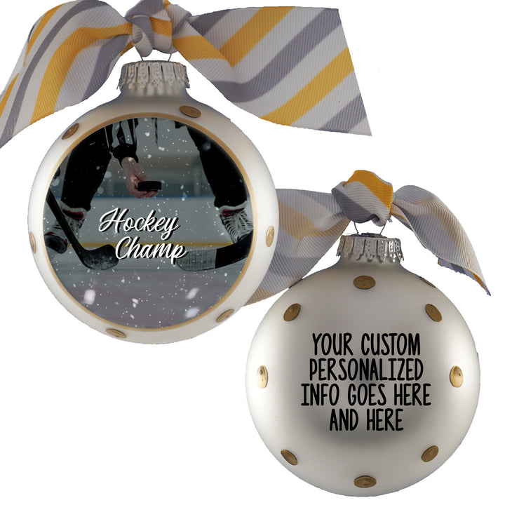3 1/4" (80mm) Personalizable Hugs Specialty Gift Ornaments, Silver Pearl Ornament with Hockey Champ