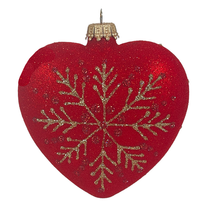 3.75" Christmas Night Red Hearts with snowflake, set of 2, Red matte/ Gold,  Figurine Ornaments, 2/Box, 6/Case, 12 Pieces