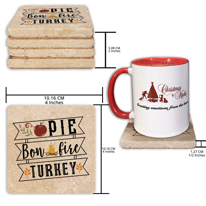 4" Absorbent Stone Fall Autumn Coasters, Pie, Bonfire, Turkey, 2 Sets of 4, 8 Pieces
