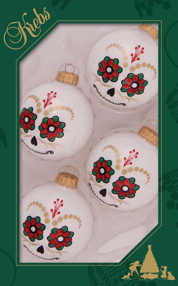 2 5/8" (67mm) Halloween Ball Ornaments Solid Porcelain White Day of the Dead with Flower Eyes 4/Box, 12/Case, 48 Pieces