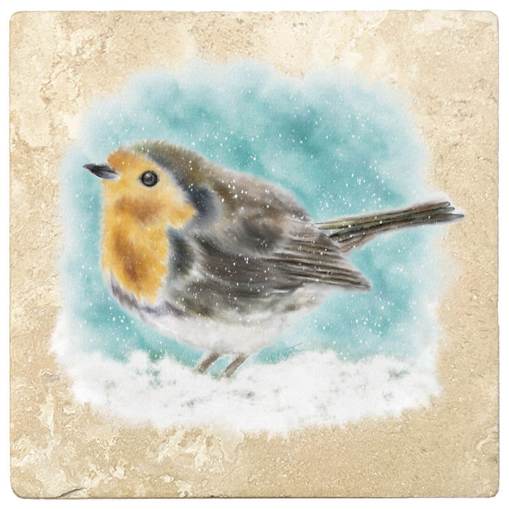 4" Christmas Holiday Travertine Coasters - Watercolor Bird, 2 Sets of 4, 8 Pieces