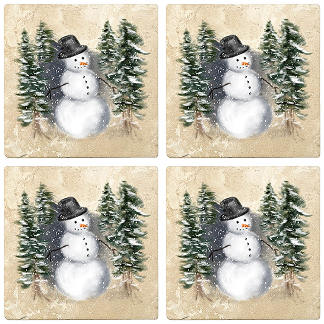 4" Christmas Holiday Travertine Coasters - Snowman in Woods, 2 Sets of 4, 8 Pieces