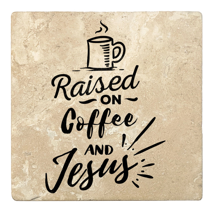 4" Absorbent Stone Religious Drink Coasters, Raised On Coffee And Jesus, 2 Sets of 4, 8 Pieces