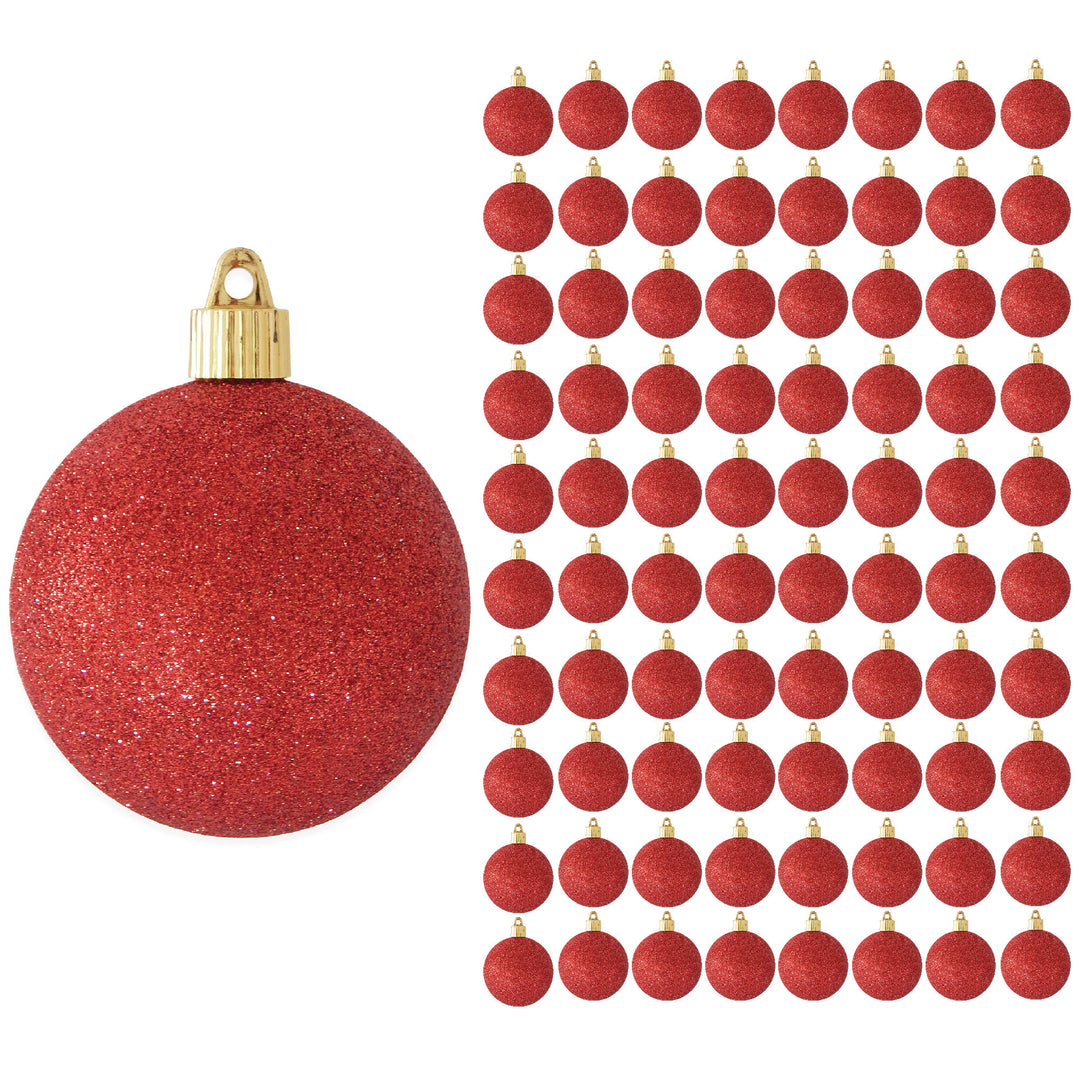 3 1/4" (80mm) Shatterproof Christmas Ball Ornaments, Red Glitter, Case, 8 PIECES PER BAG. 10 BAGS PER CASE, 80 PIECES PER CASE.