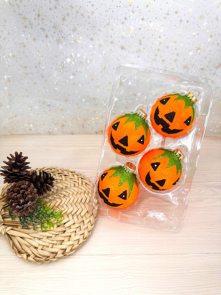 2 5/8" (67mm) Halloween Ball Ornaments Solid Glittered with Jack-O-Lantern 4/Box, 12/Case, 48 Pieces