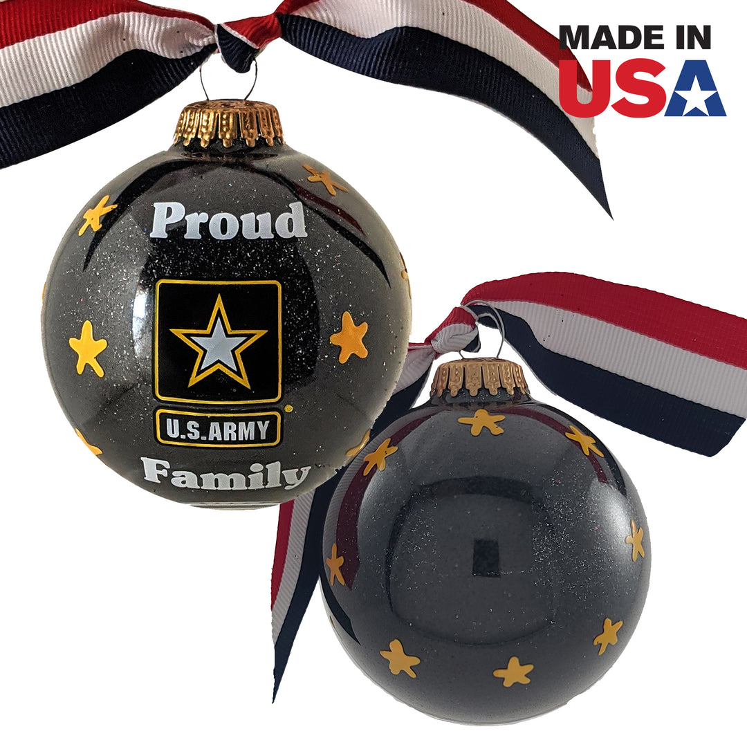 3 1/4" (80mm) Personalizable Hugs Specialty Gift Ornaments, Proud Army Family with ribbon and all-around decoration, Black Glitter, 1/Box, 12/Case, 12 Pieces
