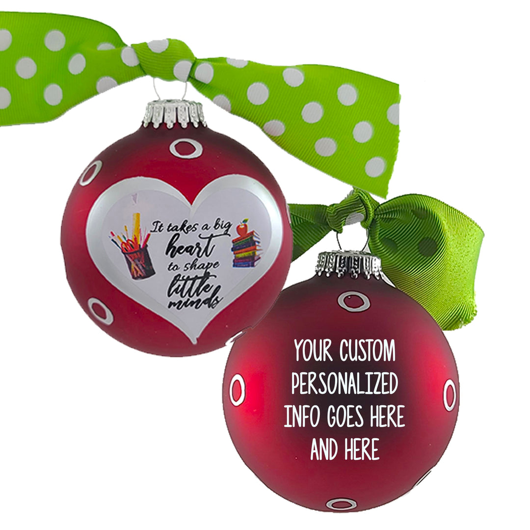 3 1/4" (80mm) Personalizable Hugs Specialty Gift Ornaments, Red Velvet Glass Ball with It Takes A Big Heart To Shape Little Minds