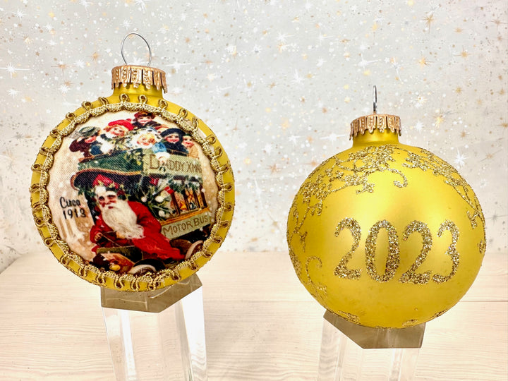 3 1/4" (80mm) Ball Ornaments, Silk Dated Santas 2023, Multi, 1/Box, 12/Case, 12 Pieces