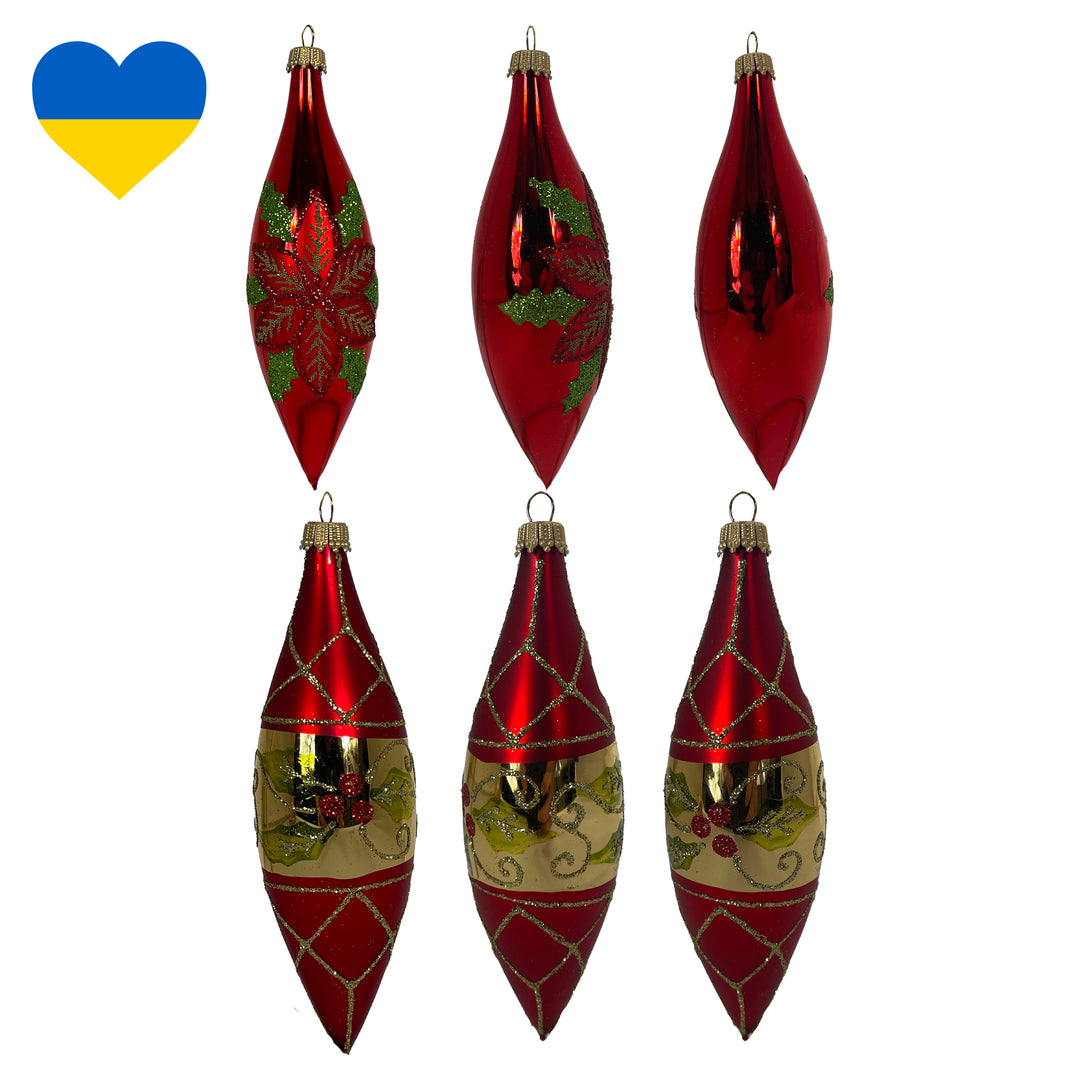 5.6" (15cm) Poinsettia & Berries Glass Finial, set of 3, Shinny & Matte Red,  Figurine Ornaments, 3/Box, 8/Case, 24 Pieces