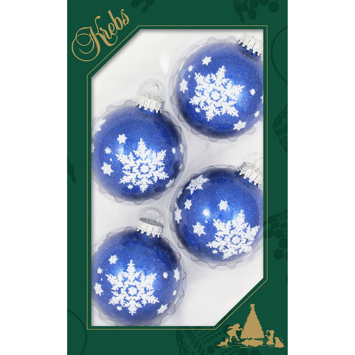 2 5/8" (67mm) Glass Ball Ornaments, Dark Blue Sparkle with White Big Snowflakes, 4/Box, 12/Case, 48 Pieces