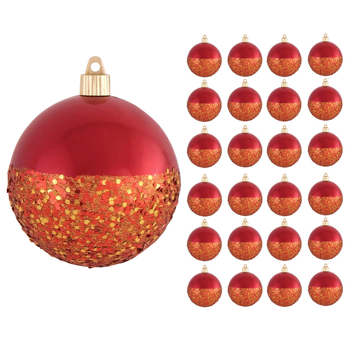 Christmas By Krebs 4" (100mm) Ornament, [24 Pieces], Commercial Grade Indoor and Outdoor Shatterproof Plastic, Water Resistant Decorated Ball Ornament (Sonic Red with Red/Gold Glitz Bottom)