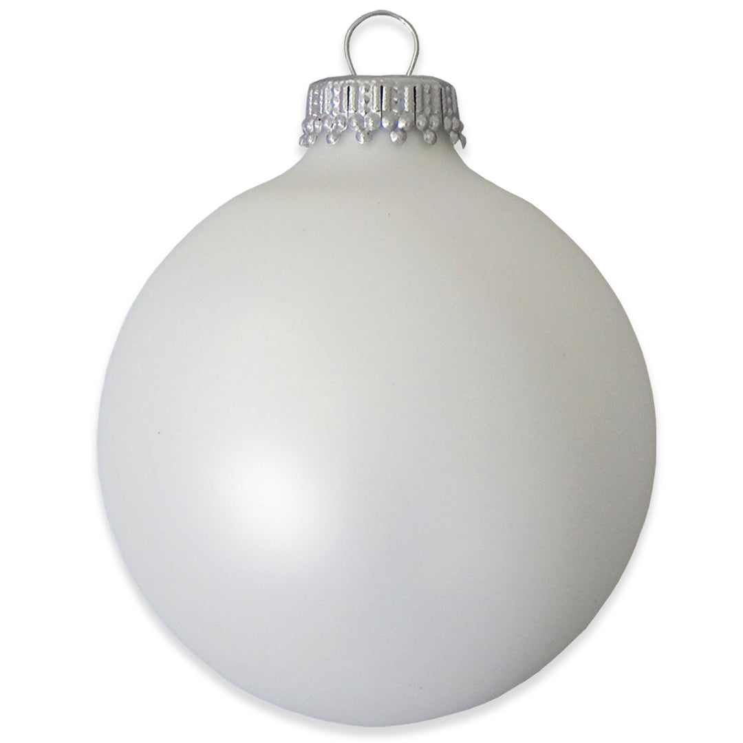 2 5/8" (67mm) Ball Ornaments, Silver Caps, White Satin, 8/Box, 12/Case, 96 Pieces