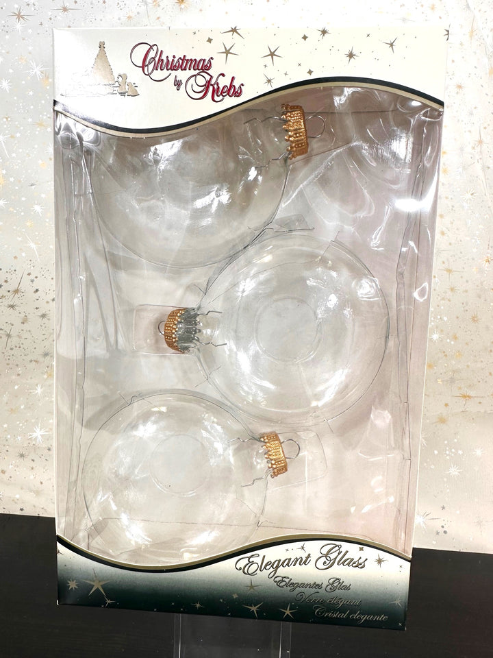 3" (76mm) Glass Disc Ornaments, Clear with Gold Crown Caps, 3/Box, 24/Case, 72 Pieces