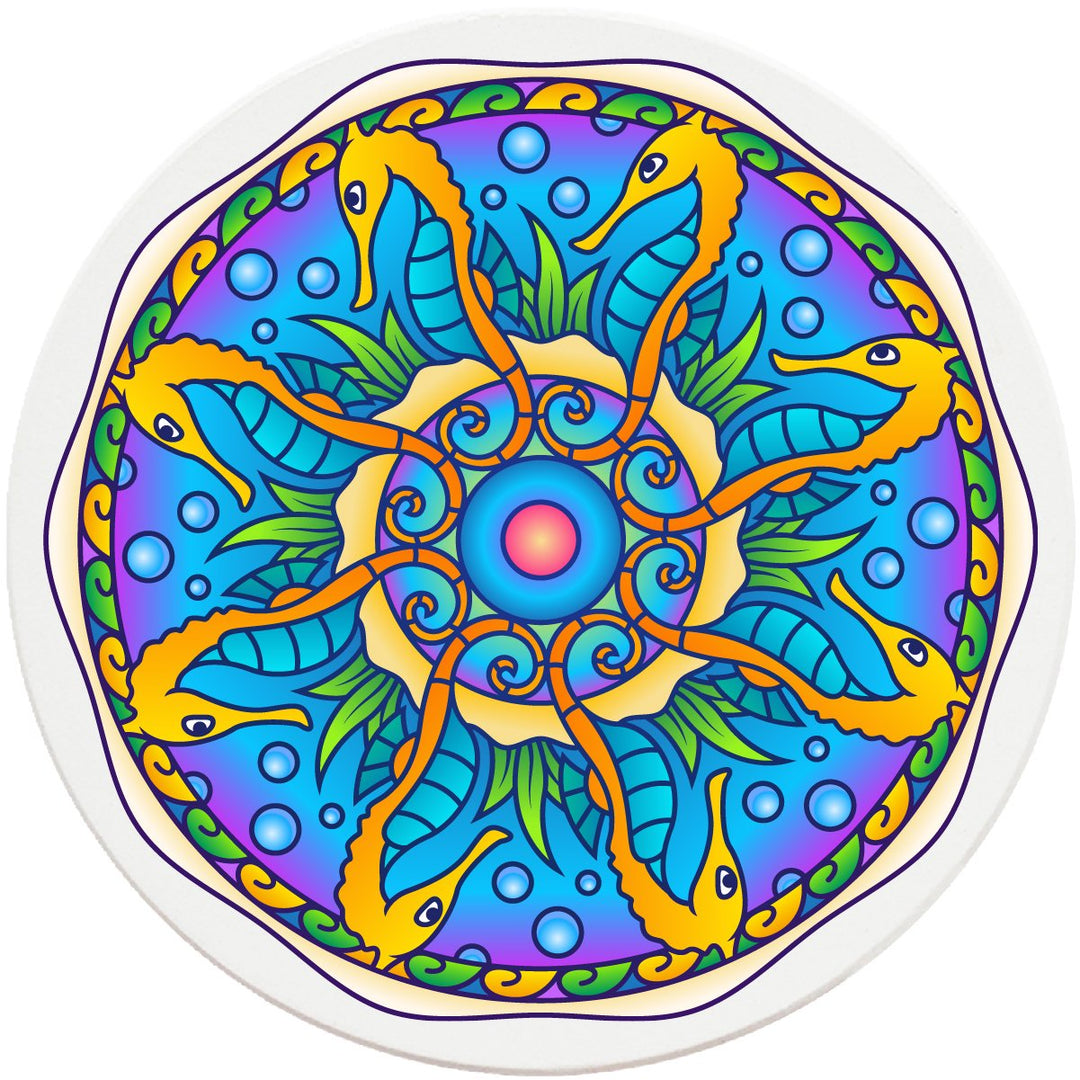 4" Round Ceramic Coasters - Mandala Seahorse, 4/Box, 2/Case, 8 Pieces