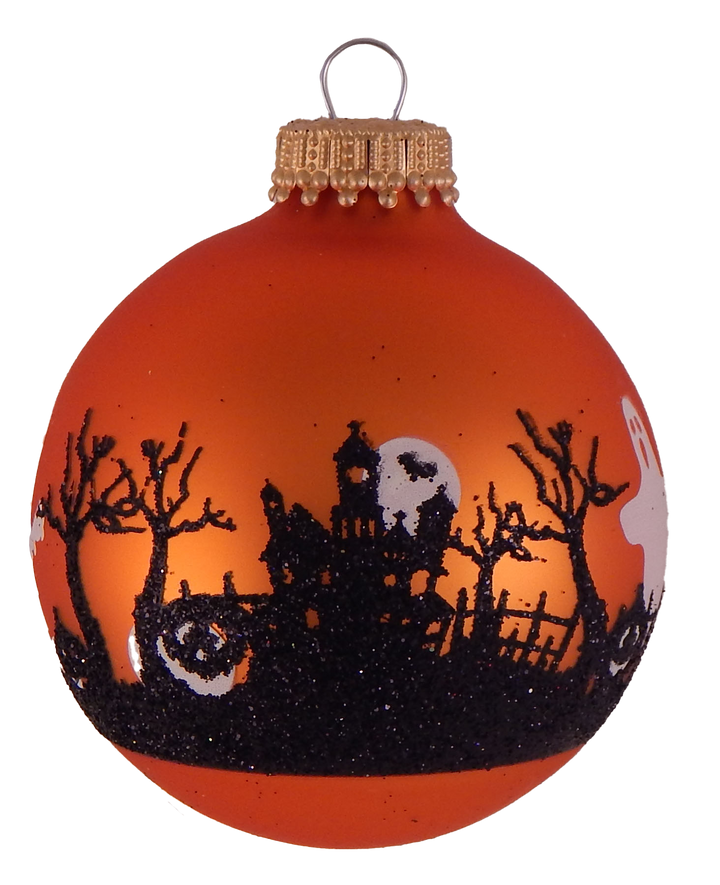 2 5/8" (67mm) Halloween Ball Ornaments Solid Wildfire Velvet with Graveyard Scenes 4/Box, 12/Case, 48 Pieces