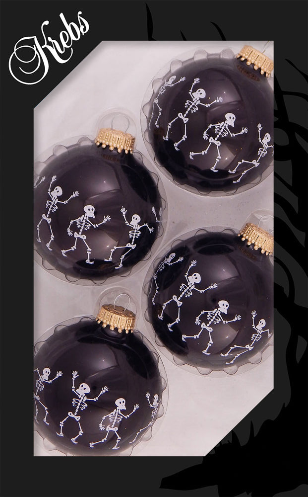 2 5/8" (67mm) Halloween Ball Ornaments Solid Ebony Shine with Dancing Skeletons 4/Box, 12/Case, 48 Pieces
