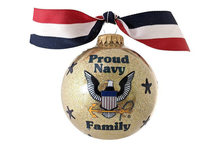 3 1/4" (80mm) Personalizable Hugs Specialty Gift Ornaments, Proud Navy Family with ribbon and all-around decoration, Gold Glitter, 1/Box, 12/Case, 12 Pieces