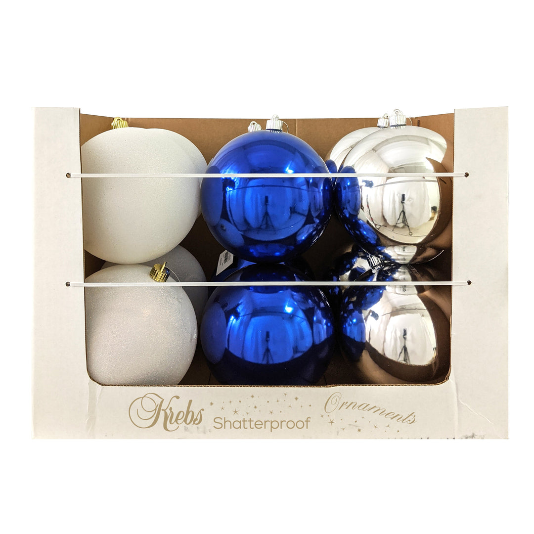 8" (200mm) Shatterproof Ball Ornament Assortment, Silver/White/Blue, 1/Ea, 12/Case, 12 Pieces