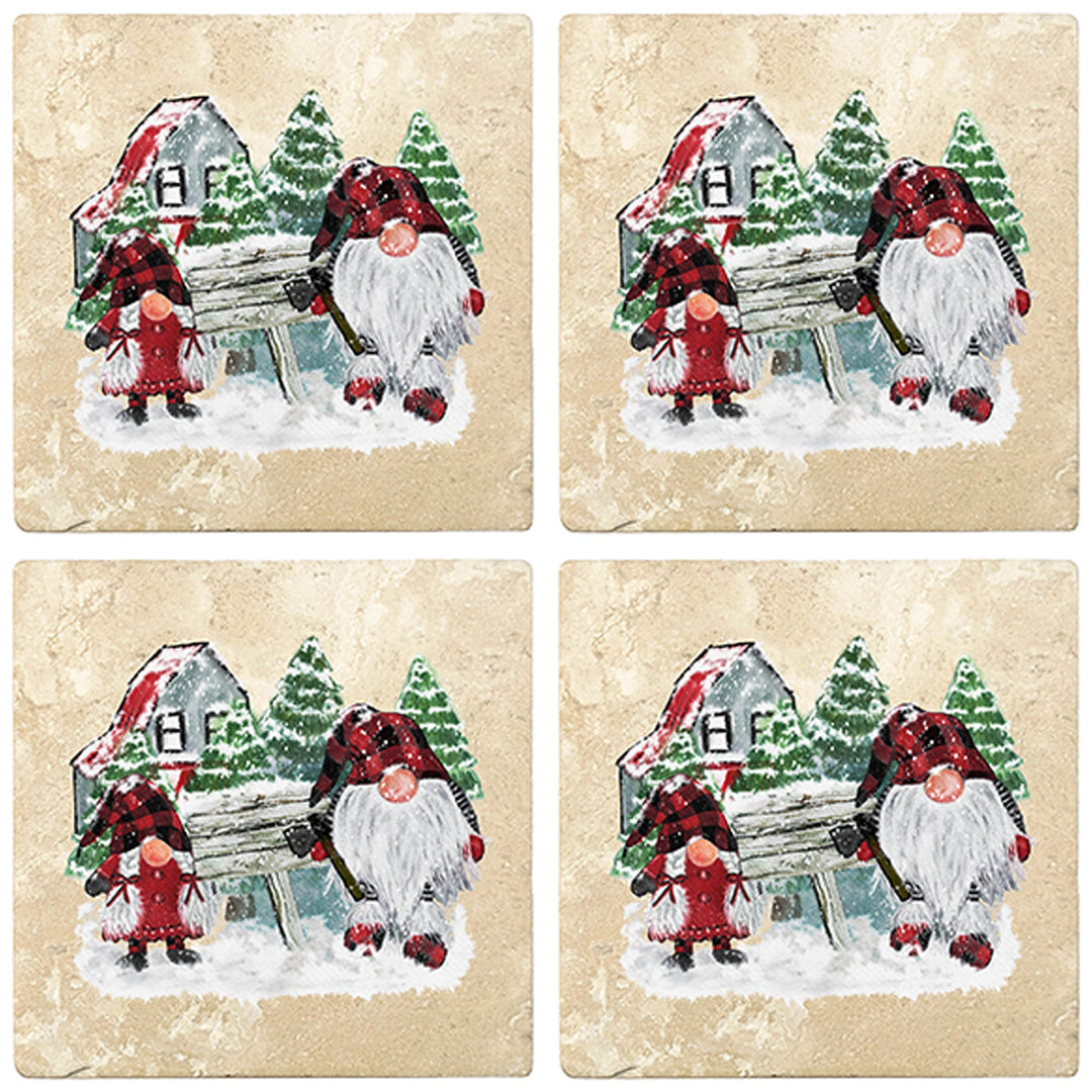 4" Christmas Holiday Travertine Coasters - Gnomes Winter Scene, 2 Sets of 4, 8 Pieces