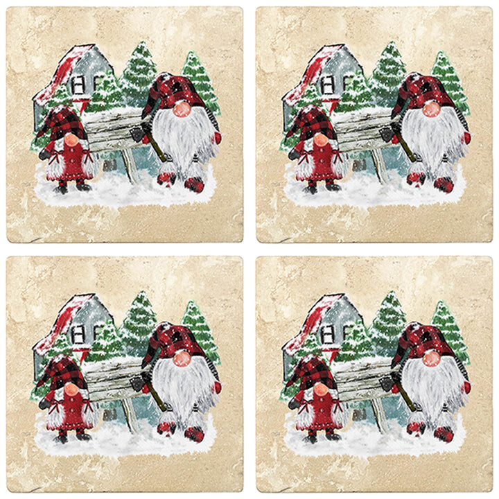 4" Christmas Holiday Travertine Coasters - Gnomes Winter Scene, 2 Sets of 4, 8 Pieces