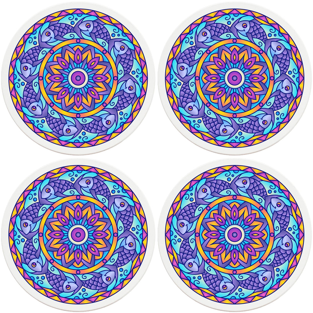4" Round Ceramic Coasters - Mandala Fish, 4/Box, 2/Case, 8 Pieces