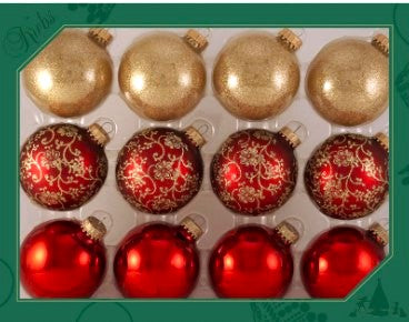 2 5/8" (67mm) Ball Ornaments, Red Glitterlace Variety Set, 12/Box, 12/Case, 144 Pieces