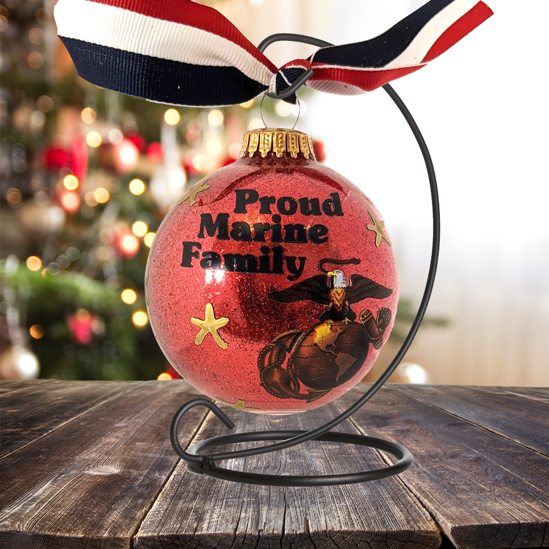 3 1/4" (80mm) Personalizable Hugs Specialty Gift Ornaments, Proud Marines Family with ribbon and all-around decoration, Red Glitter, 1/Box, 12/Case, 12 Pieces