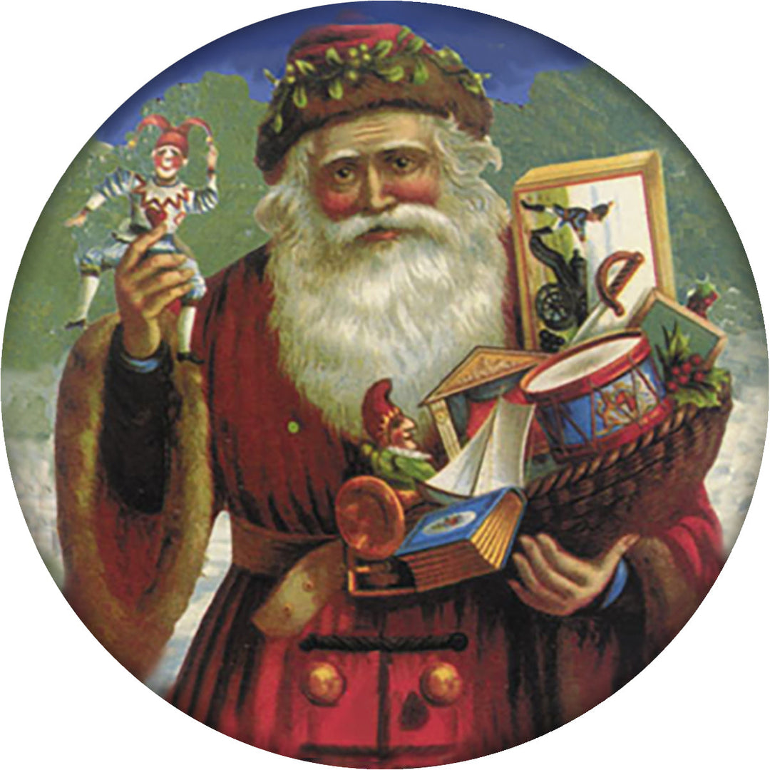 4 Inch Round Ceramic Coaster Set, Historic Santa with Toys, 2 Sets of 4, 8 Pieces