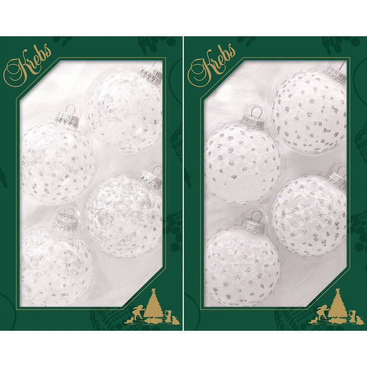 2 5/8" (67mm) Ball Ornaments, Lace and  Sparkles, Clear/White, 4/Box, 12/Case, 48 Pieces