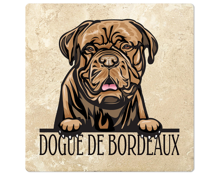 [Set of 4] 4" Square Premium Absorbent Travertine Dog Lover Coasters - Dark Brown Dogue De Bordeaux