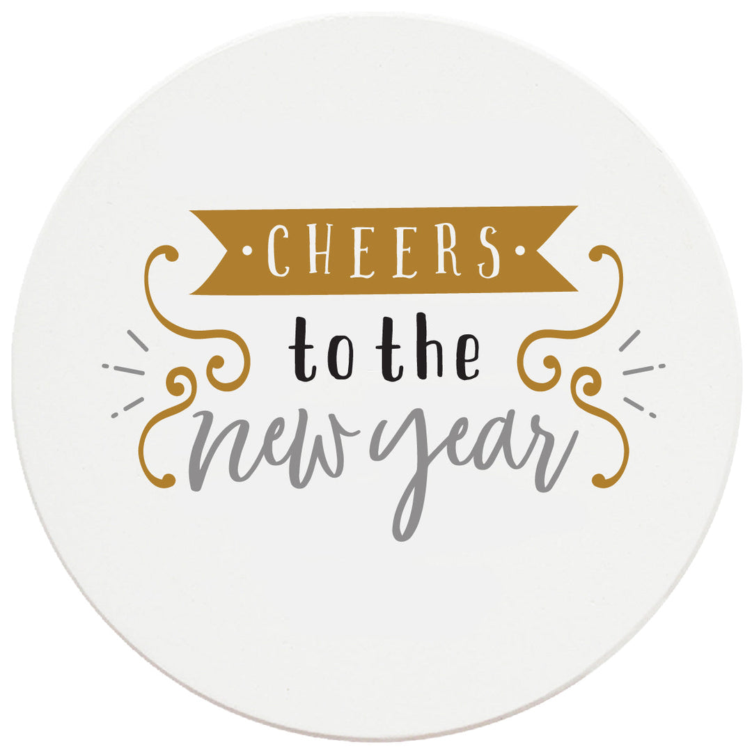 4 Inch Round Ceramic Coaster Set, Cheers To The New Year, 2 Sets of 4, 8 Pieces