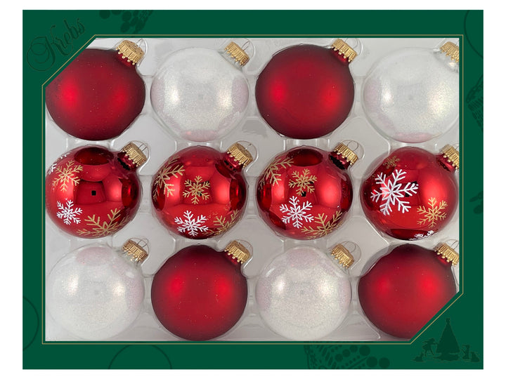 2 5/8" (67mm) Ball Ornaments, Red/Snow Sparkle with White / Gold Basic Flakes Variety Set, 12/Box, 12/Case, 144 Pieces
