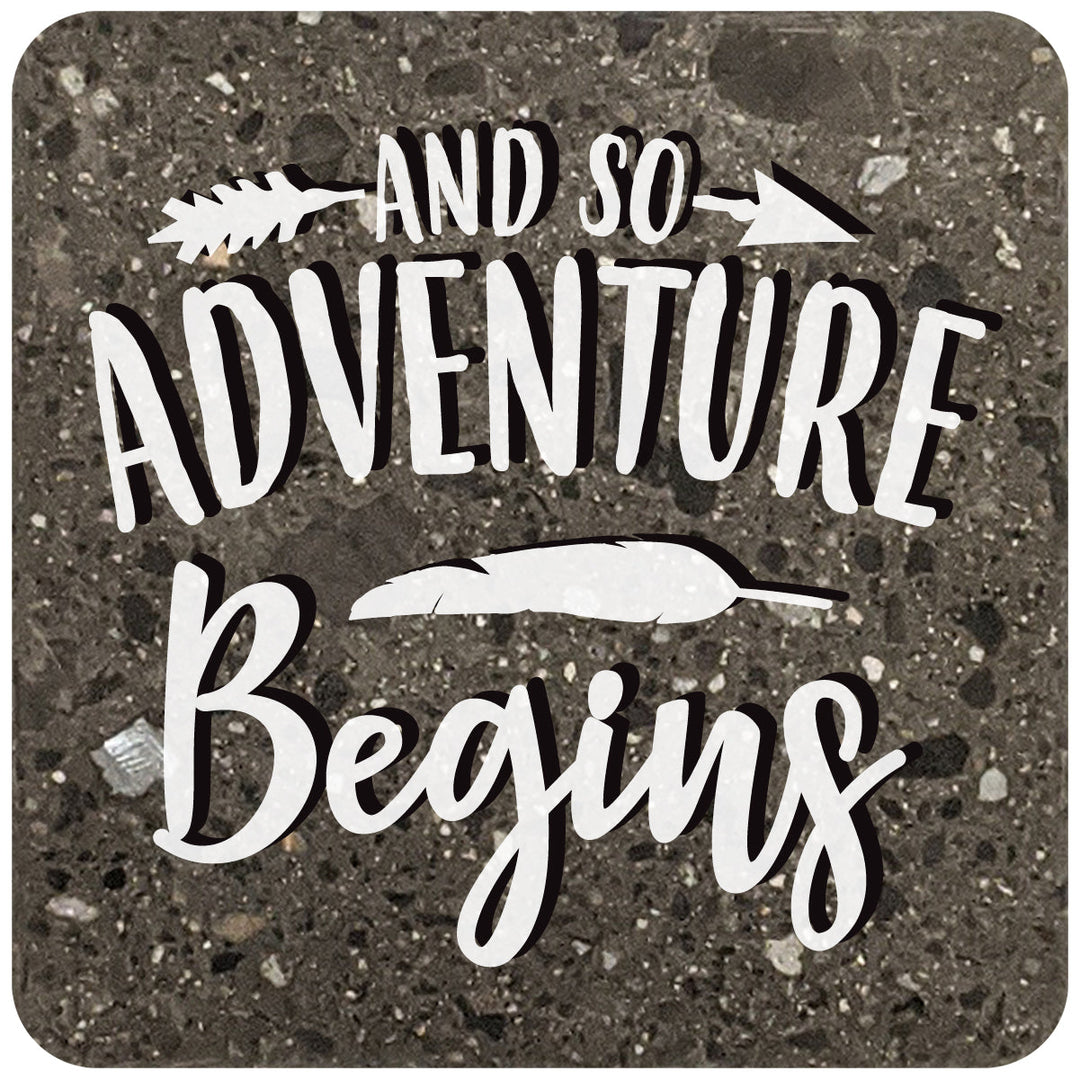 4" Square Black Stone Coaster - And so adventure begins, 2 Sets of 4, 8 Pieces