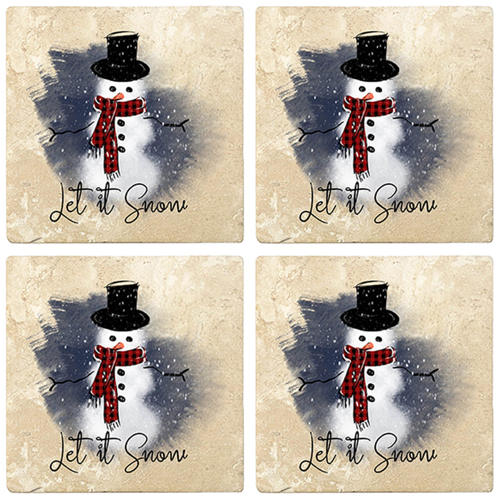 4" Christmas Holiday Travertine Coasters - Snowman - Let it Snow, 2 Sets of 4, 8 Pieces