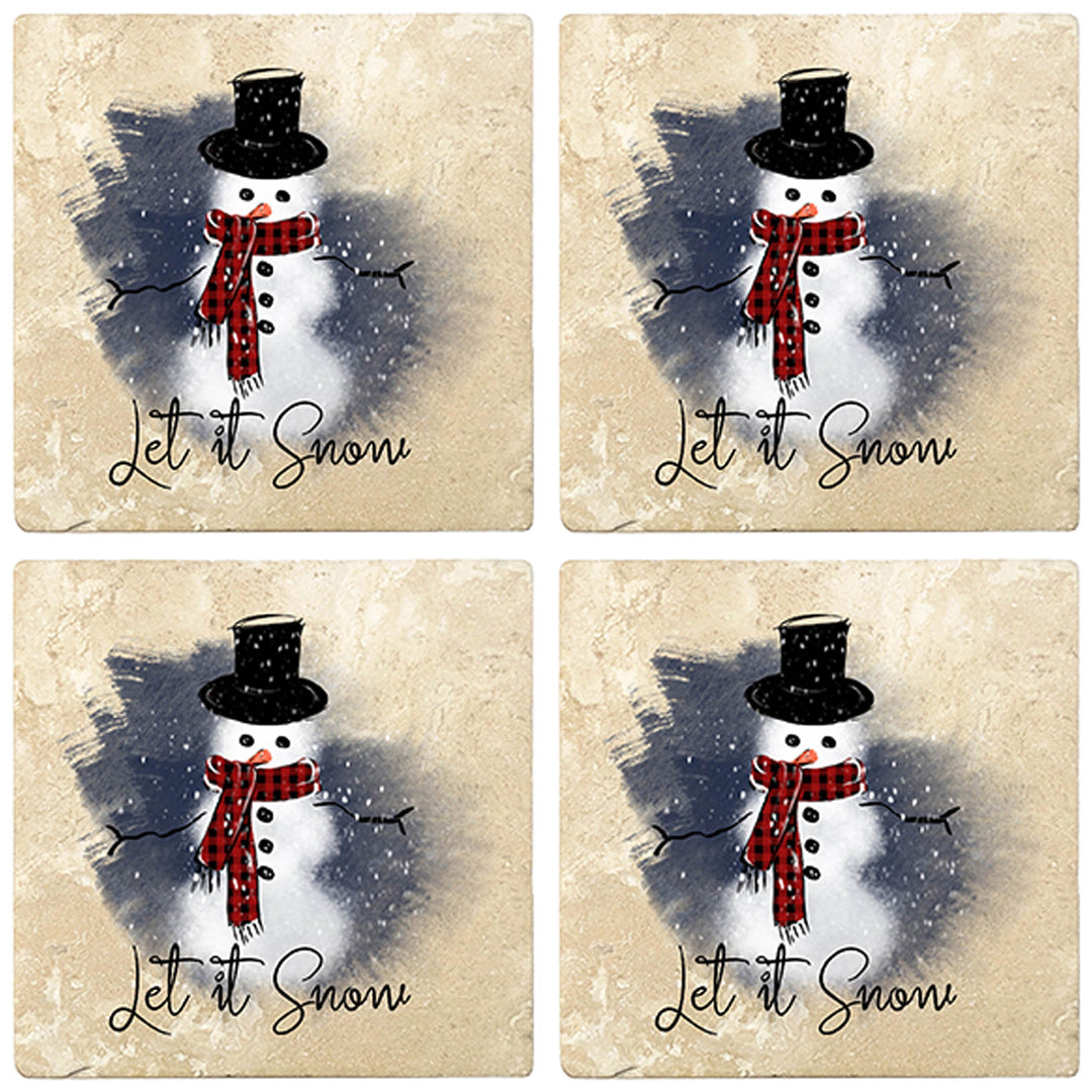 4" Christmas Holiday Travertine Coasters - Snowman - Let it Snow, 2 Sets of 4, 8 Pieces