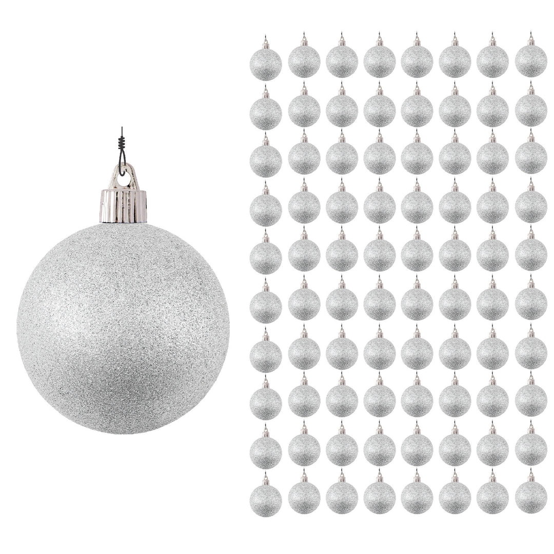 3 1/4" (80mm) Commercial Pre-Wired Shatterproof Ball Ornament, Silver Glitter, Case, 80 Pieces