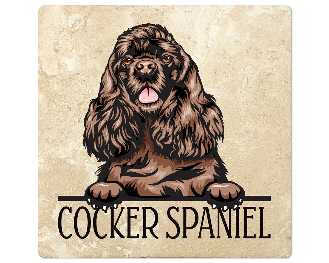 [Set of 4] 4" Square Premium Absorbent Travertine Dog Lover Coasters - Dark Brown Cocker Spaniel