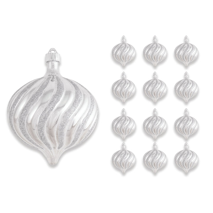 6" (150mm) Large Commercial Shatterproof Swirled Onion Ornaments, Looking Glass Silver, Case, 12 Pieces