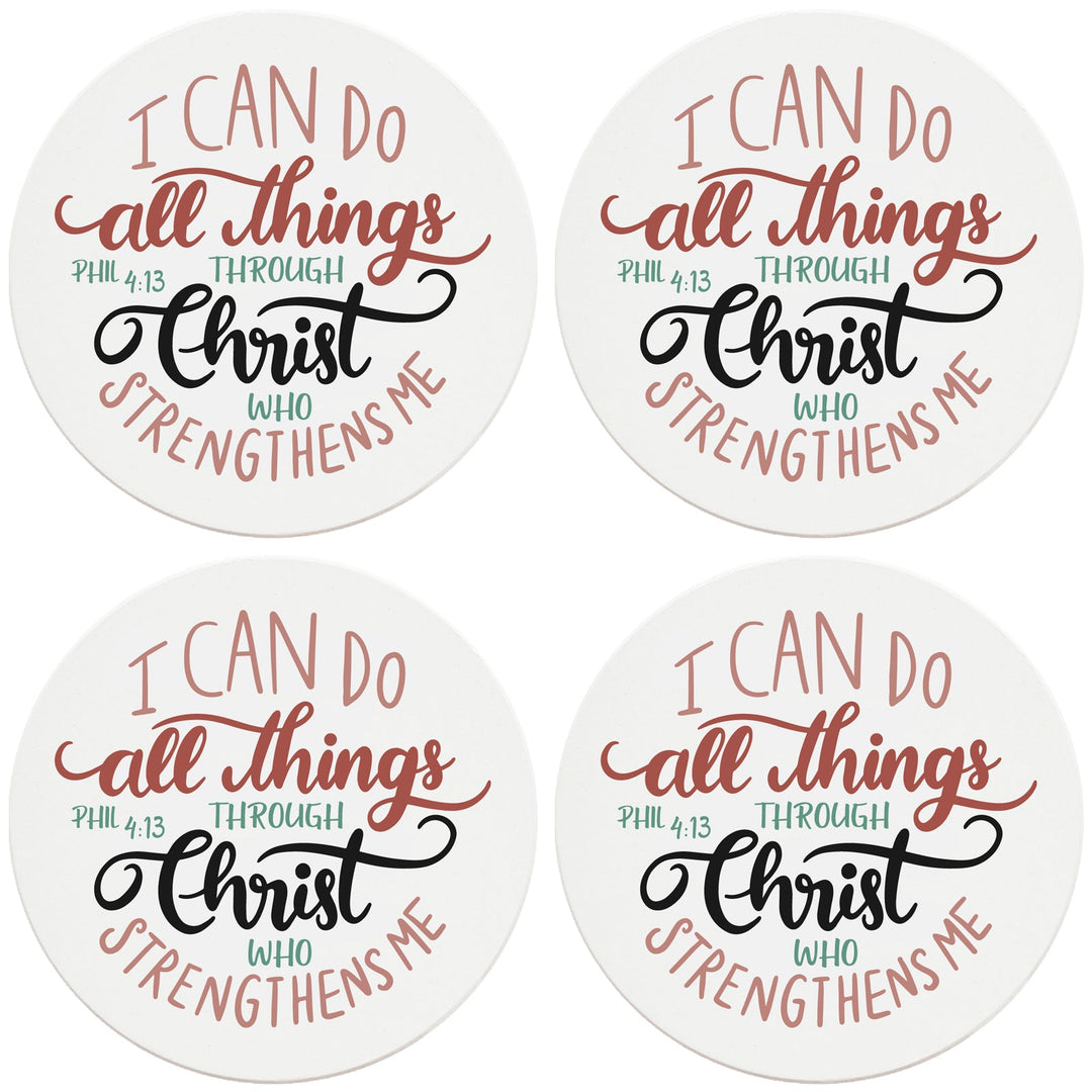 4" Round Ceramic Coasters - All Things Through Christ, 4/Box, 2/Case, 8 Pieces