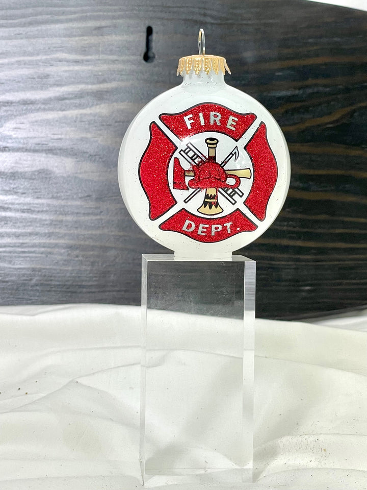3 1/4" (80mm) Porcelain White Fire Department Logo Ornament Designer Seamless Glass Ball, 1/Box, 12/Case, 12 Pieces