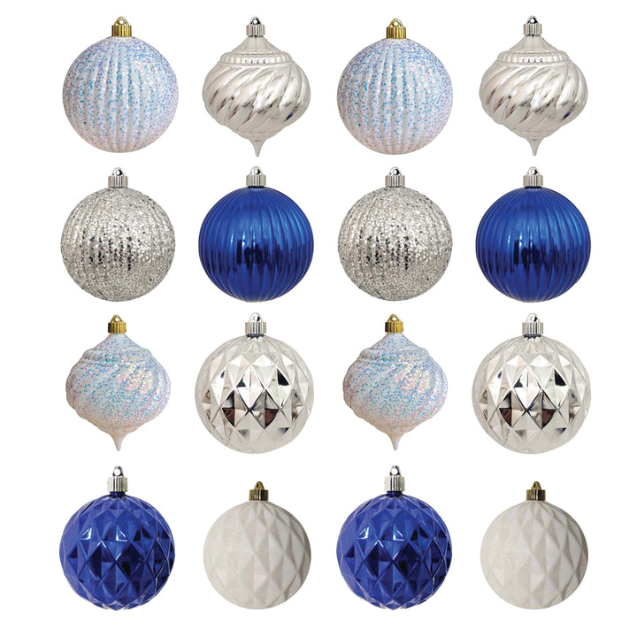 6" (150mm) Shatterproof Shapes Ornament Assortment, Silver/White/Blue, 1/Ea, 16/Case, 16 Pieces