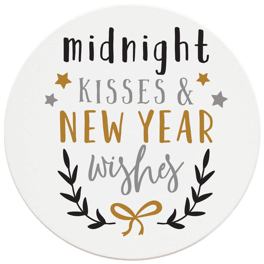 4 Inch Round Ceramic Coaster Set, Midnight Kisses & New Years Wishes, 2 Sets of 4, 8 Pieces