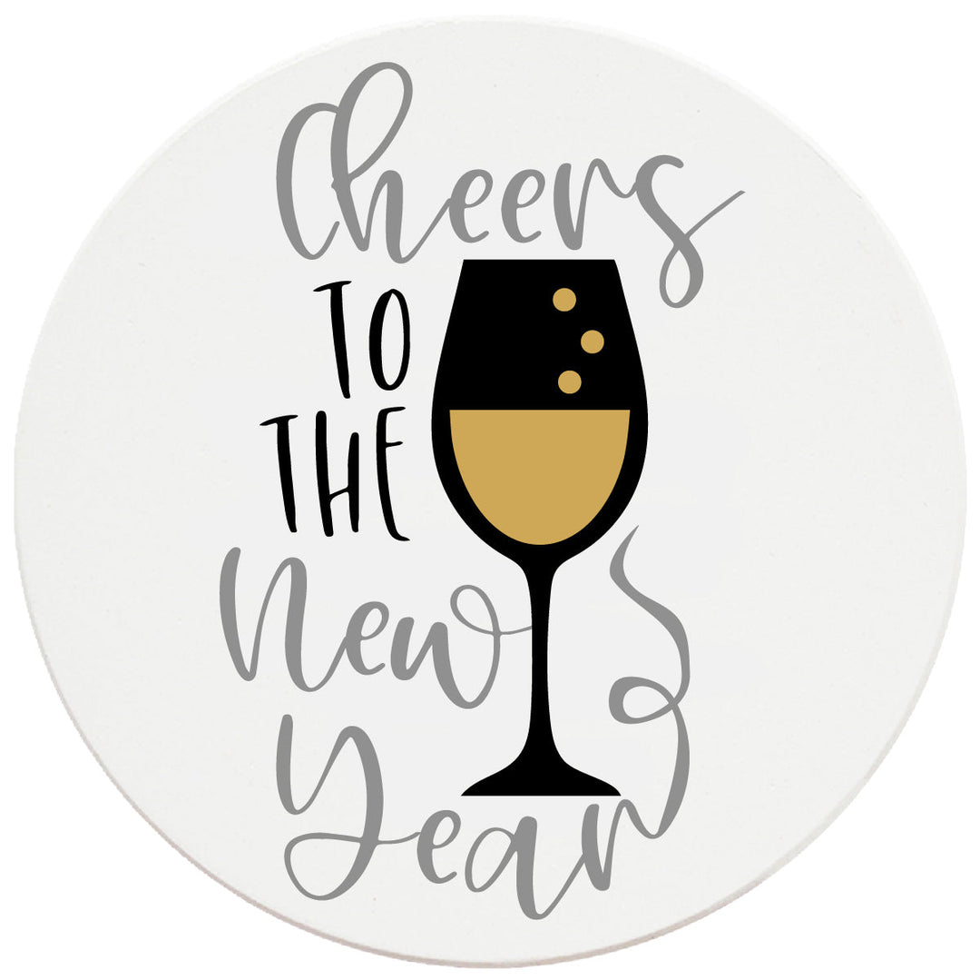 4 Inch Round Ceramic Coaster Set, Cheers To The New Year, 2 Sets of 4, 8 Pieces