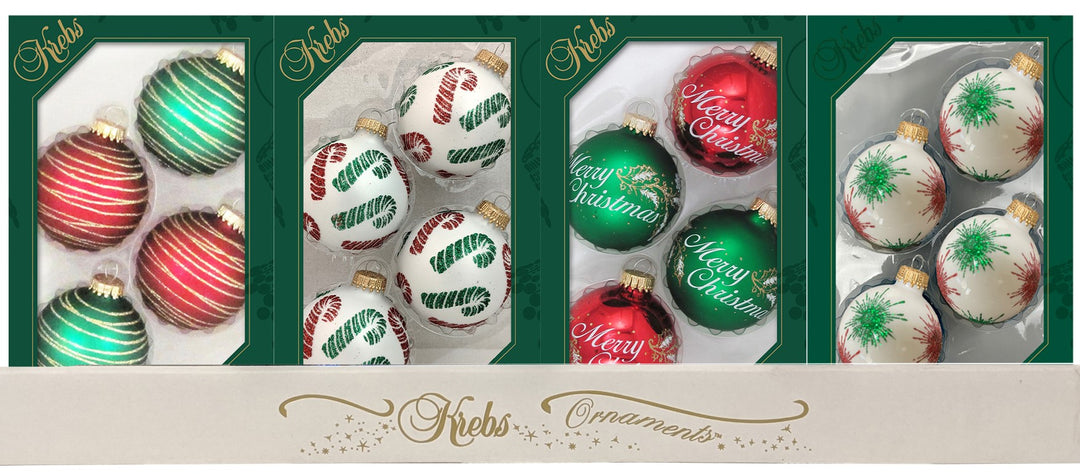 2 5/8" (67mm) Ball Ornaments, Decorated Red/White/Green Assortment, 4/Box, 12/Case, 48 Pieces