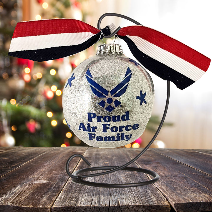3 1/4" (80mm) Personalizable Hugs Specialty Gift Ornaments, Proud Air Force Family with ribbon and all-around decoration, Silver Glitter, 1/Box, 12/Case, 12 Pieces